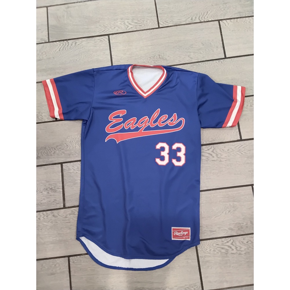 Rawlings Eagles Baseball Jersey Mens Medium Blue Red White Number 33 Mesh V-Neck
